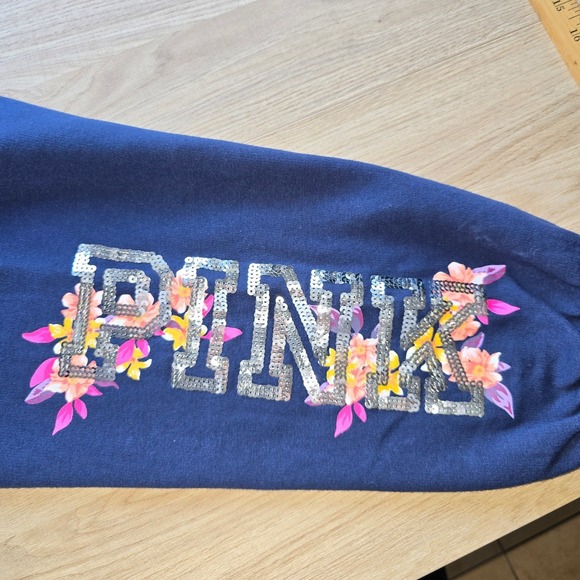 PINK Victoria's Secret Women's Jogger Sweatpants Size L Navy Blue Sequin Floral - Picture 3 of 11